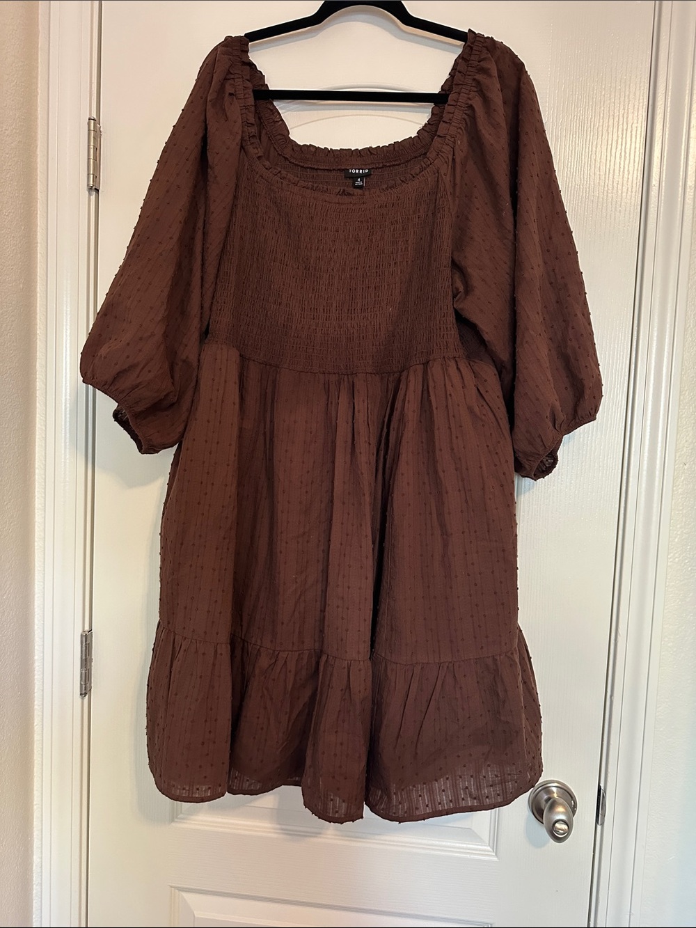 torrid Brown Swiss Dot Puff Sleeve Babydoll Dress - Picture 2 of 5